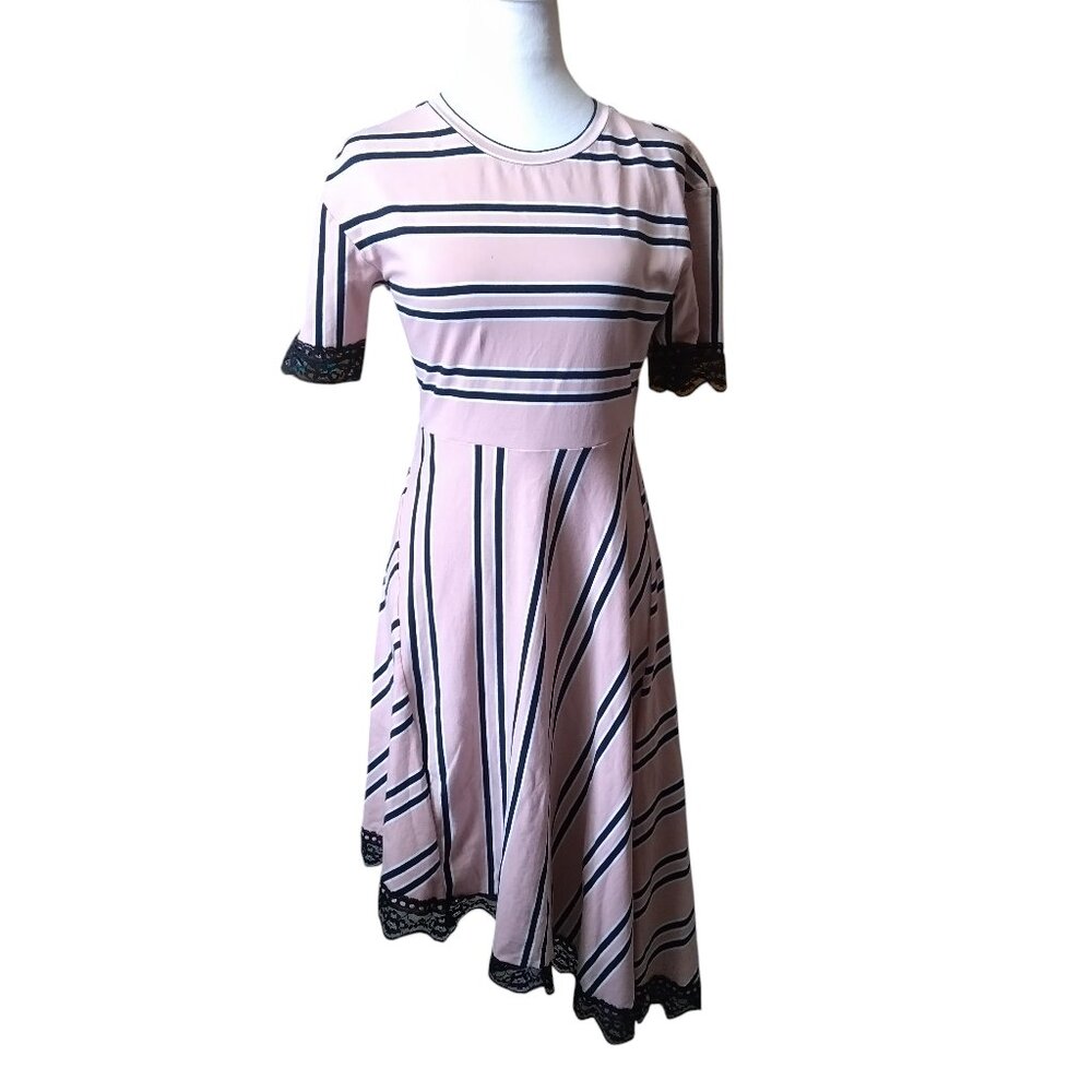KOCHE Collective Women's 36/US 4 Short Sleeve Striped Asymmetric Lace Hem Dress